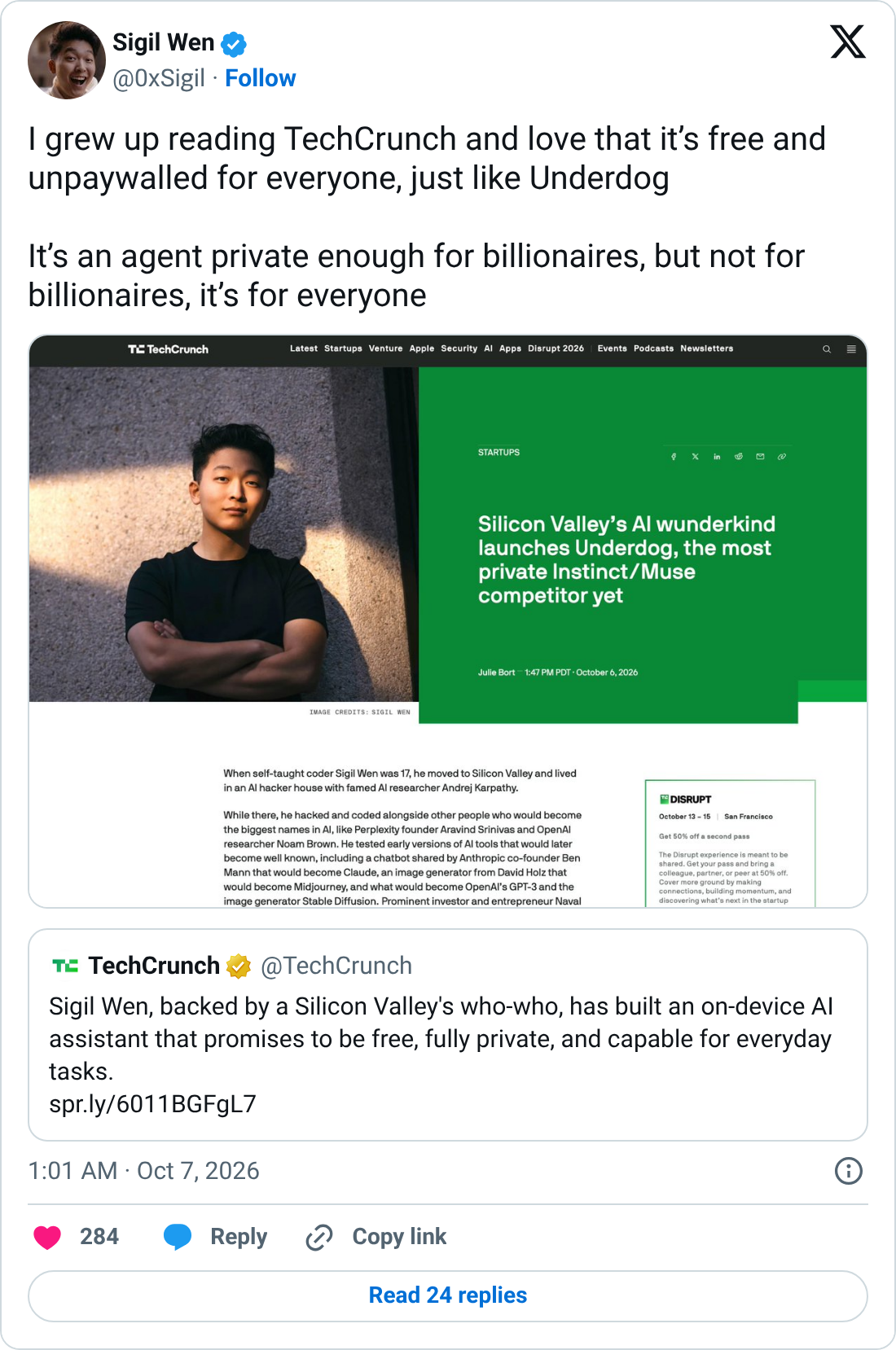 Screenshot of Sigil Wen's X post about Underdog, a private on-device AI agent, quoting TechCrunch's launch coverage