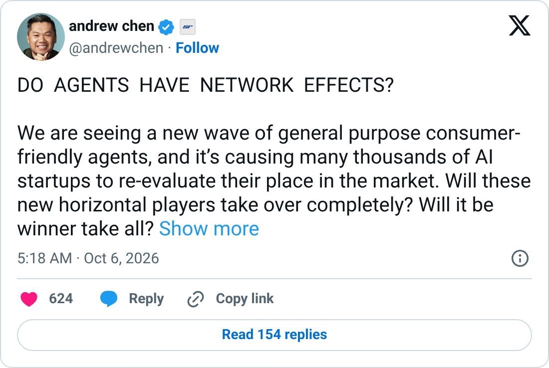 Screenshot of Andrew Chen's X post titled "Do agents have network effects?" about whether consumer AI agents will be winner-take-all