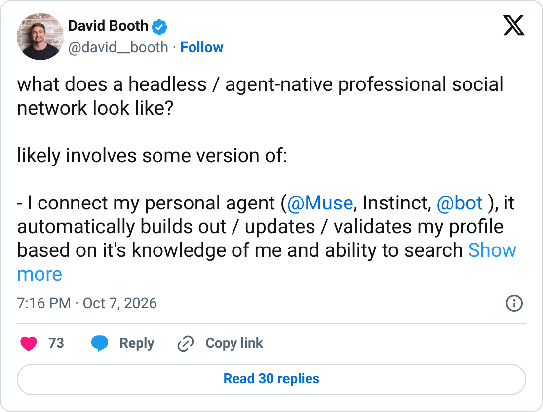Screenshot of David Booth's X post asking what a headless, agent-native professional social network would look like, with personal agents as gatekeepers