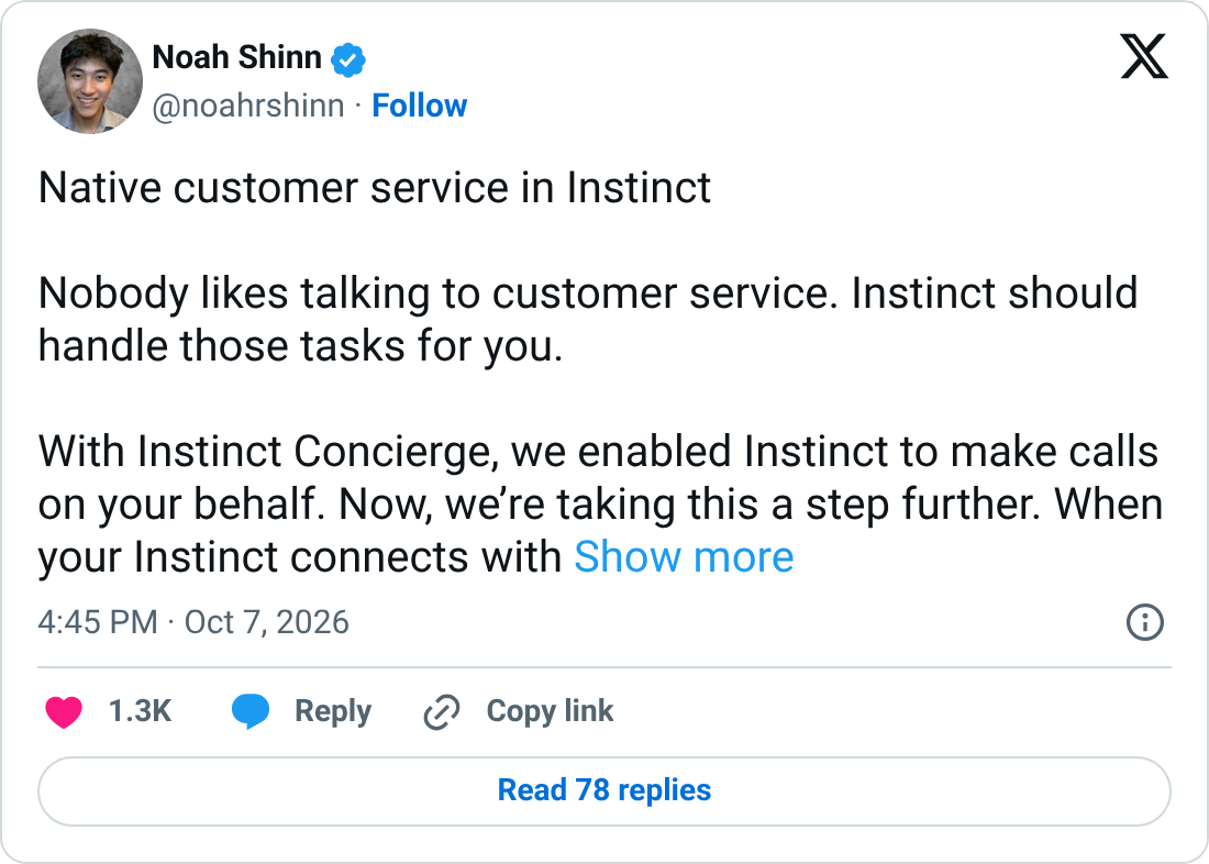 Screenshot of Noah Shinn's X post announcing native customer service in Instinct, where Instinct agents work with Sierra and Decagon business agents