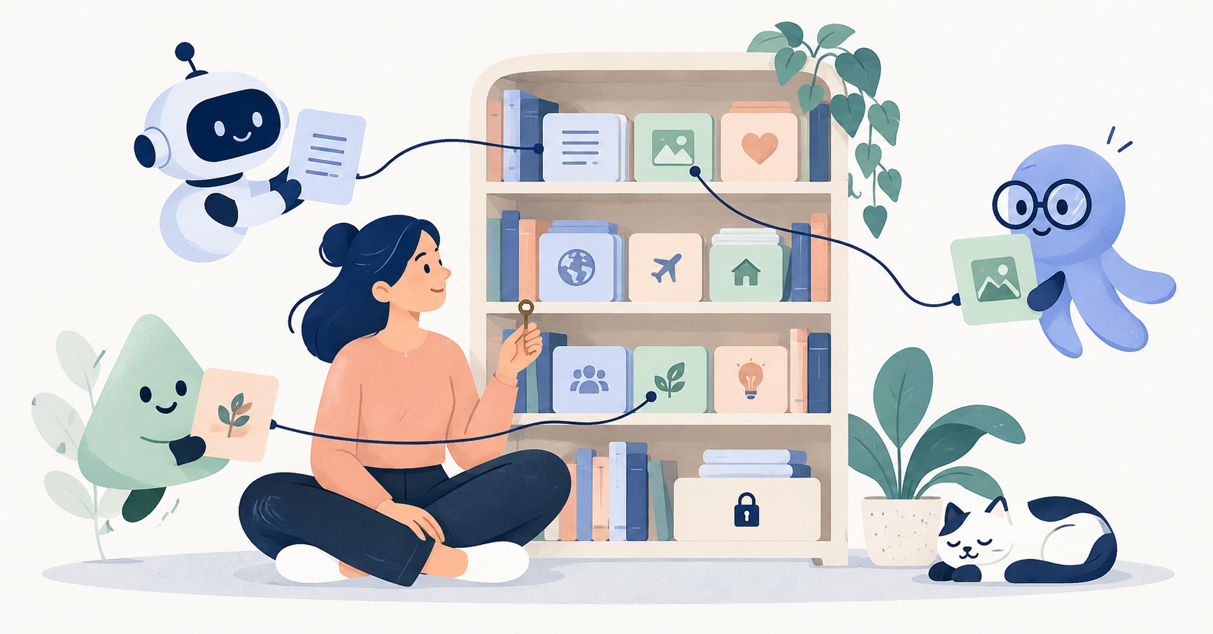 A person controlling a shared context library for several assistants
